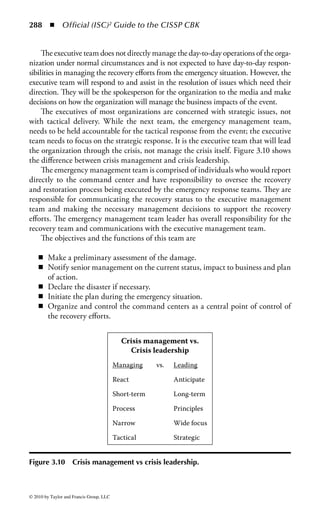 282      ◾     Official (ISC)2 Guide to the CISSP CBK


   The RTO or MTD for a business process or for an application is going to
determine the recovery strategy for the process or application. The more time
that can elapse before the recovery needs to occur, the more recovery options are
available. The more time sensitive an application or function is, the fewer options
you will have in selecting a recovery strategy.



Selecting a Recovery Strategy
Recovery strategies are driven by the recovery timeframe required by the function
or application to be recovered. Some strategies the planner may consider for business
operations are as follows:

    ◾ Surviving site—A surviving site strategy is implemented so that while service
      levels may drop, a function never ceases to be performed because it operates
      in at least two geographically dispersed buildings that are fully equipped and
      staffed.
    ◾ Self-service—A business can transfer work to another of its own locations,
      which has available facilities and/or staff to manage the time sensitive workload
      until the interruption is over.
    ◾ Internal arrangement—Training rooms, cafeterias, conference rooms, etc.,
      may be equipped to support business functions while staff from the impacted
      site travels to another site and resumes business.
    ◾ Reciprocal agreements/Mutual aid agreements—Other similar businesses
      may be able to accommodate those affected. For example, one law firm may
      be able to provide office space to another in the event of an outage. This could
      involve the temporary suspension of non-time sensitive functions at the busi-
      ness operations not affected by the outage.
    ◾ Dedicated alternate sites—Built by the company to accommodate business
      function or technology recovery.
    ◾ Works from home—Many businesses today have the capability to have
      employees work from locations that are remote from a physical office
      environment.
    ◾ External suppliers—A number of external companies offer facilities covering a
      wide range of business recovery needs from full data centers with a wide range
      of platforms, alternate site space in physical facilities, mobile units that can be
      transported to the company site, and temporary staff to provide services when
      the employees cannot.
    ◾ No arrangement—For low priority business functions or applications it may
      not be cost justified to plan at a detailed level. The minimum requirement
      would be to record a description of the functions, the maximum allowable
      lapse time for recovery, and a list of the resources required.



© 2010 by Taylor and Francis Group, LLC
 