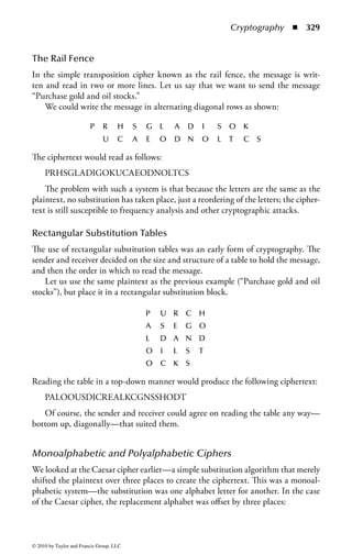 Cryptography     ◾   323



               Plaintext                      Encryption keystream            Ciphertext

               A                  XOR randomly generated keystream                $

               0101 0001                           0111 0011                  = 0010 0010


Figure 4.3         Cryptographic operation for a stream-based cipher.

     This is the method most commonly associated with streaming applications, such
as voice or video transmission Wireless Equivalent Privacy, or WEP, uses a streaming
cipher, RC4, but is not considered secure due to number of weaknesses that expose
the encryption key to an attacker, weak key size among other well-known vulnerabili-
ties in WEP implementation. Newer wireless cryptography implements block ciphers
such as Advanced Encryption Standard (AES), discussed later, which provide stronger
security. The cryptographic operation for a stream-based cipher is to mix the plaintext
with a keystream that is generated by the cryptosystem. The mixing operation is usu-
ally an exclusive-or (XOR) operation—a very fast mathematical operation.
     As seen in Figure 4.3, the plaintext is XORed with a seemingly random key-
stream to generate ciphertext. We refer to it as seemingly random because the
generation of the keystream is usually controlled by the key. If the key could not
produce the same keystream for the purposes of decryption of the ciphertext, then
it would be impossible to ever decrypt the message.
     The exclusive-or process is a key part of many cryptographic algorithms. It is
a simple binary operation that adds two values together. If the two values are the
same, 0 + 0 or 1 + 1, then the output is always a 0; however, if the two values are
different, 1 + 0 or 0 + 1, then the output is a 1.
     From the example above, we can see this in the following operation:

                                          Input plaintext      0101 0001
                                          Keystream            0111 0011
                                          Output of XOR        0010 0010

A stream-based cipher relies primarily on substitution—the substitution of one
character or bit for another in a manner governed by the cryptosystem and con-
trolled by the cipher key.
    For a stream-based cipher to operate securely, it is necessary to follow certain
rules for the operation and implementation of the cipher:

    1. Keystream should not be linearly related to the cryptovariable—Knowledge
       of the keystream output value does not disclose the cryptovariable (encryp-
       tion/decryption key).



© 2010 by Taylor and Francis Group, LLC
 