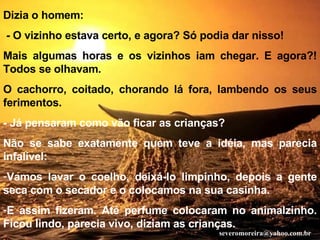 Dizia o homem:   - O vizinho estava certo, e agora? Só podia dar nisso! Mais algumas horas e os vizinhos iam chegar. E agora?! Todos se olhavam. O cachorro, coitado, chorando lá fora, lambendo os seus ferimentos. - Já pensaram como vão ficar as crianças? Não se sabe exatamente quem teve a idéia, mas parecia infalível: Vamos lavar o coelho, deixá-lo limpinho, depois a gente seca com o secador e o colocamos na sua casinha. E assim fizeram. Até perfume colocaram no animalzinho. Ficou lindo, parecia vivo, diziam as crianças.  [email_address] 