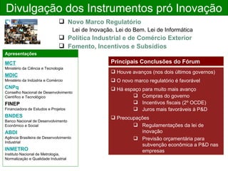 Divulgação dos Instrumentos pró Inovação Novo Marco Regulatório Lei de Inovação. Lei do Bem. Lei de Informática Política Industrial e de Comércio Exterior Fomento, Incentivos e Subsídios MCT Ministério da Ciência e Tecnologia MDIC Ministério da Indústria e Comércio CNPq Conselho Nacional de Desenvolvimento  Científico e Tecnológico FINEP Financiadora de Estudos e Projetos BNDES Banco Nacional de Desenvolvimento Econômico e Social ABDI Agência Brasileira de Desenvolvimento Industrial INMETRO Instituto Nacional de Metrologia,  Normalização e Qualidade Industrial Houve avanços (nos dois últimos governos) O novo marco regulatório é favorável Há espaço para muito mais avanço Compras do governo Incentivos fiscais (2º OCDE) Juros mais favoráveis à P&D Preocupações Regulamentações da lei de inovação Previsão orçamentária para subvenção econômica a P&D nas empresas Principais Conclusões do Fórum Apresentações 