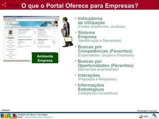 Ambiente Empresa Indicadores de Utilização (Fontes disponíveis, usuários) Sistema Empresa (Identificação e Demandas) Buscas por Competências  (Favoritos) (Especialistas, Grupos e Empresas)   Buscas por Oportunidades  (Favoritos) (Demandas empresariais) Interações (Propostas e Respostas) Informações Estratégicas (Inteligência Competitiva) O que o Portal Oferece para Empresas? 