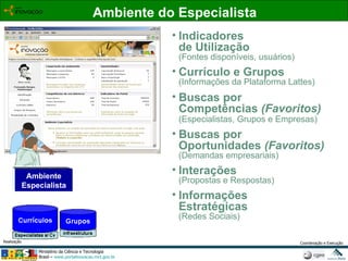 Ambiente do Especialista Ambiente Especialista Indicadores de Utilização (Fontes disponíveis, usuários) Currículo e Grupos (Informações da Plataforma Lattes) Buscas por Competências  (Favoritos) (Especialistas, Grupos e Empresas)   Buscas por Oportunidades  (Favoritos) (Demandas empresariais) Interações (Propostas e Respostas) Informações Estratégicas (Redes Sociais) 