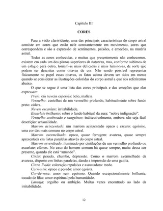 Capítulo III
CORES
Para a visão clarividente, uma das principais características do corpo astral
consiste em cores que estão nele constantemente em movimento, cores que
correspondem e são a expressão de sentimentos, paixões, e emoções, na matéria
astral.
Todas as cores conhecidas, e muitas que presentemente não conhecemos,
existem em cada um dos planos superiores da natureza, mas, conforme subimos de
um estágio para outro, tornam-se mais delicadas e mais luminosas, de sorte que
podem ser descritas como oitavas de cor. Não sendo possível representar
fisicamente no papel essas oitavas, os fatos acima devem ser tidos em mente
quando se considerar as ilustrações coloridas do corpo astral a que nos referiremos
abaixo.
O que se segue é uma lista das cores principais e das emoções que elas
expressam:
Preto: em nuvens espessas: ódio, malícia.
Vermelho: centelhas de um vermelho profundo, habitualmente sobre fundo
preto: cólera.
Nuvem escarlate: irritabilidade.
Escarlate brilhante: sobre o fundo habitual da aura: “nobre indignação”.
Vermelho acobreado e sanguíneo: indiscutivelmente, embora não seja fácil
descrição: sensualidade.
Marrom acinzentado: um marrom acinzentado opaco e escuro: egoísmo,
uma cor das mais comuns no corpo astral.
Marrom avermelhado: opaco, quase ferrugem: avareza, quase sempre
apresentada em listas paralelas através do corpo astral.
Marrom esverdeado: iluminado por cintilações de um vermelho profundo ou
escarlate: ciúmes. No caso do homem comum há quase sempre, muita dessa cor
presente, quando ele está “amando”.
Cinza: pesado, chumbo, depressão. Como o marrom avermelhado da
avareza, disposto em linhas paralelas, dando a impressão de uma gaiola.
Cinza, lívido: coloração repulsiva e assustadora: medo.
Carmesim: opaco e pesado: amor egoísta.
Cor-de-rosa: amor sem egoísmo. Quando excepcionalmente brilhante,
tocado de lilás: amor espiritual pela humanidade.
Laranja: orgulho ou ambição. Muitas vezes encontrado ao lado da
irritabilidade.
12
 