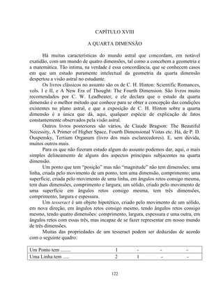 CAPÍTULO XVIII
A QUARTA DIMENSÃO
Há muitas características do mundo astral que concordam, em notável
exatidão, com um mundo de quatro dimensões, tal como a concebem a geometria e
a matemática. Tão intima, na verdade é essa concordância, que se conhecem casos
em que um estudo puramente intelectual da geometria da quarta dimensão
despertou a visão astral no estudante.
Os livros clássicos no assunto são os de C. H. Hinton: Scientific Romances,
vols. I e II, e A New Era of Thought: The Fourth Dimension. São livros muito
recomendados por C. W. Leadbeater, e ele declara que o estudo da quarta
dimensão é o melhor método que conhece para se obter a concepção das condições
existentes no plano astral, e que a exposição de C. H. Hinton sobre a quarta
dimensão é a única que dá, aqui, qualquer espécie de explicação de fatos
constantemente observados pela visão astral.
Outros livros posteriores são vários, de Claude Bragson: The Beautiful
Necessity, A Primer of Higher Space, Fourth Dimensional Vistas etc. Há, de P. D.
Ouspensky, Tertium Organum (livro dos mais esclarecedores). E, sem dúvida,
muitos outros mais.
Para os que não fizeram estudo algum do assunto podemos dar, aqui, o mais
simples delineamento de alguns dos aspectos principais subjacentes na quarta
dimensão.
Um ponto que tem “posição” mas não “magnitude” não tem dimensões; uma
linha, criada pelo movimento de um ponto, tem uma dimensão, comprimento; uma
superfície, criada pelo movimento de uma linha, em ângulos retos consigo mesma,
tem duas dimensões, comprimento e largura; um sólido, criado pelo movimento de
uma superfície em ângulos retos consigo mesma, tem três dimensões,
comprimento, largura e espessura.
Um tesseract é um objeto hipotético, criado pelo movimento de um sólido,
em nova direção, em ângulos retos consigo mesmo, tendo ângulos retos consigo
mesmo, tendo quatro dimensões: comprimento, largura, espessura e uma outra, em
ângulos retos com essas três, mas incapaz de se fazer representar em nosso mundo
de três dimensões.
Muitas das propriedades de um tesseract podem ser deduzidas de acordo
com o seguinte quadro:
Um Ponto tem ........ 1 - - -
Uma Linha tem ..... 2 1 - -
122
 