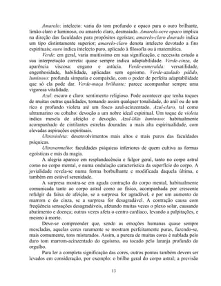 Amarelo: intelecto: varia do tom profundo e opaco para o ouro brilhante,
limão-claro e luminoso, ou amarelo claro, desmaiado. Amarelo-ocre opaco implica
na direção das faculdades para propósitos egoístas; amarelo-claro dourado indica
um tipo distintamente superior; amarelo-claro denota intelecto devotado a fins
espirituais; ouro indica intelecto puro, aplicado à filosofia ou à matemática.
Verde: em geral, varia muitíssimo em sua significação, e necessita estudo a
sua interpretação correta: quase sempre indica adaptabilidade. Verde-cinza, de
aparência viscosa: engano e astúcia. Verde-esmeralda: versatilidade,
engenhosidade, habilidade, aplicadas sem egoísmo. Verde-azulado pálido,
luminoso: profunda simpatia e compaixão, com o poder de perfeita adaptabilidade
que só ela pode dar. Verde-maça brilhante: parece acompanhar sempre uma
vigorosa vitalidade.
Azul: escuro e claro: sentimento religioso. Pode acontecer que tenha toques
de muitas outras qualidades, tomando assim qualquer tonalidade, do anil ou de um
rico e profundo violeta até um fosco azul-acinzentado. Azul-claro, tal como
ultramarino ou cobalto: devoção a um nobre ideal espiritual. Um toque de violeta
indica mescla de afeição e devoção. Azul-lilás luminoso: habitualmente
acompanhado de cintilantes estrelas douradas: a mais alta espiritualidade, com
elevadas aspirações espirituais.
Ultravioleta: desenvolvimentos mais altos e mais puros das faculdades
psíquicas.
Ultravermelho: faculdades psíquicas inferiores de quem cultiva as formas
egoísticas e más da magia.
A alegria aparece em resplandecência e fulgor geral, tanto no corpo astral
como no corpo mental, e numa ondulação característica da superfície do corpo. A
jovialidade revela-se numa forma borbulhante e modificada daquela última, e
também em estável serenidade.
A surpresa mostra-se em aguda contração do corpo mental, habitualmente
comunicada tanto ao corpo astral como ao físico, acompanhada por crescente
refulgir da faixa de afeição, se a surpresa for agradável, e por um aumento do
marrom e do cinza, se a surpresa for desagradável. A contração causa com
freqüência sensações desagradáveis, afetando muitas vezes o plexo solar, causando
abatimento e doença; outras vezes afeta o centro cardíaco, levando a palpitações, e
mesmo à morte.
Deve-se compreender que, sendo as emoções humanas quase sempre
mescladas, aquelas cores raramente se mostram perfeitamente puras, fazendo-se,
mais comumente, tons misturados. Assim, a pureza de muitas cores é nublada pelo
duro tom marrom-acinzentado do egoísmo, ou tocado pelo laranja profundo do
orgulho.
Para ler a completa significação das cores, outros pontos também devem ser
levados em consideração, por exemplo: o brilho geral do corpo astral; a previsão
13
 