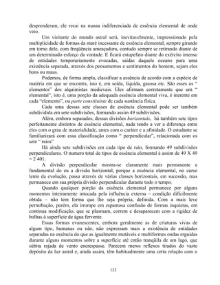 desprenderam, ele recai na massa indiferenciada de essência elemental de onde
veio.
Um visitante do mundo astral será, inevitavelmente, impressionado pela
multiplicidade de formas da maré incessante de essência elemental, sempre girando
em torno dele, com freqüência ameaçadora, contudo sempre se retirando diante de
um determinado esforço da vontade. E ficará estupefato diante do exército imenso
de entidades temporariamente evocadas, saídas daquele oceano para uma
existência separada, através dos pensamentos e sentimentos do homem, sejam eles
bons ou maus.
Podemos, de forma ampla, classificar a essência de acordo com a espécie de
matéria em que se encontra, isto é, em soída, liquida, gasosa etc. São esses os “
elementos” dos alquimistas medievais. Eles afirmam corretamente que um “
elemental”, isto é, uma porção da adequada essência elemental viva, é inerente em
cada “elemento”, ou parte constituinte de cada sustância física.
Cada uma dessas sete classes de essência elemental pode ser também
subdividida em sete subdivisões, formando assim 49 subdivisões.
Além, embora separados, dessas divisões horizontais, há também sete tipos
perfeitamente distintos de essência elemental, nada tendo a ver a diferença entre
eles com o grau de materialidade, antes com o caráter e a afinidade. O estudante se
familiarizará com essa classificação como “ perpendicular”, relacionada com os
sete “ raios”
Há ainda sete subdivisões em cada tipo de raio, formando 49 subdivisões
perpendiculares. O numero total de tipos de essência elemental é assim de 49 X 49
= 2 401.
A divisão perpendicular mostra-se claramente mais permanente e
fundamental do eu a divisão horizontal, porque a essência elemental, no curso
lento da evolução, passa através de várias classes horizontais, em sucessão, mas
permanece em sua própria divisão perpendicular durante todo o tempo.
Quando qualquer porção da essência elemental permanece por alguns
momentos inteiramente intocada pela influência externa – condição dificilmente
obtida – não tem forma que lhe seja própria, definida. Com a mais leve
perturbação, porém, ela irrompe em espantosa confusão de formas inquietas, em
continua modificação, que se plasmam, correm e desaparecem com a rigidez de
bolhas à superfície de água fervente.
Essas formas evanescentes, embora geralmente as de criaturas vivas de
algum tipo, humanas ou não, não expressam mais a existência de entidades
separadas na essência do que as igualmente mutáveis e multiformes ondas erguidas
durante alguns momentos sobre a superfície até então tranqüila de um lago, que
súbita rajada de vento encrespasse. Parecem meros reflexos tirados do vasto
depósito da luz astral e, ainda assim, têm habitualmente uma certa relação com o
133
 