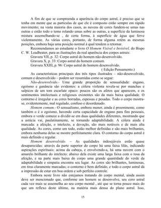 A fim de que se compreenda a aparência do corpo astral, é preciso que se
tenha em mente que as partículas de que ele é composto estão sempre em rápido
movimento; na vasta maioria dos casos, as nuvens de cores fundem-se umas nas
outras e estão todo o temo rolando umas sobre as outras, a superfície da luminosa
mistura assemelhando-se , de certa forma, à superfície de água que ferve
violentamente. As várias cores, portanto, de forma alguma retêm as mesmas
posições, embora haja uma posição normal à qual tendem a retornar.
Recomendamos ao estudante o livro O Homem Visível e Invisível, do Bispo
C. W. Leadbeater, para as ilustrações da real aparência dos corpos astrais:
Gravura VII, p. 32: Corpo astral do homem não-desenvolvido.
Gravura X, p. 33: Corpo astral do homem comum.
Gravura XXIII, p. 96: Corpo astral do homem desenvolvido.
( Edição Pensamento.)
As características principais dos três tipos ilustrados – não-desenvolvido,
comum e desenvolvido – podem ser resumidas como se segue:
Não-desenvolvido.- Uma grande proporção de sensualidade: engano,
egoísmo e ganância são evidentes: a cólera violenta revela-se por manchas e
salpicos de um tom escarlate opaco: poucos são os afetos que aparecem, e os
sentimentos intelectuais e religiosos existentes são da mais baixa qualidade. O
contorno é irregular e as cores borradas, espessas e pesadas. Todo o corpo mostra-
se, evidentemente, mal regulado, confuso e desordenado.
Homem comum.- O sensualismo, embora menor, ainda é proeminente, como
também o é o egoísmo, havendo certa capacidade de engano para fins pessoais,
embora o verde comece a dividir-se em duas qualidades diferentes, mostrando que
a astúcia vai, paulatinamente, se tornando adaptabilidade. A cólera ainda é
marcada: a afeição, o intelecto, a devoção, são mais notáveis e de mais alta
qualidade. As cores, como um todo, estão melhor definidas e são mais brilhantes,
embora nenhuma delas se mostre perfeitamente clara. O contorno do corpo astral é
mais definido e regular.
Homem desenvolvido. – As qualidades indesejáveis estão quase
desaparecidas: através da parte superior do corpo há uma faixa lilás, indicando
aspirações espirituais: acima da cabeça, e envolvendo-a, há uma nuvem com o
amarelo brilhante do intelecto: abaixo dela existe uma larga faixa com o rosa da
afeição, e na parte mais baixa do corpo uma grande quantidade do verde da
adaptabilidade e simpatia encontra seu lugar. As cores são brilhantes, luminosas,
em tiras claramente marcadas; o contorno é bem definido, e todo o corpo astral dá
a impressão de estar em boa ordem e sob perfeito controle.
Embora neste livro não estejamos tratando do corpo mental, ainda assim
deve ser mencionado que, conforme um homem se desenvolve, seu coro astral
cada vez mais se assemelha ao seu corpo mental , até que se torna pouco mais do
que um reflexo deste último, na matéria mais densa do plano astral. Isso,
15
 