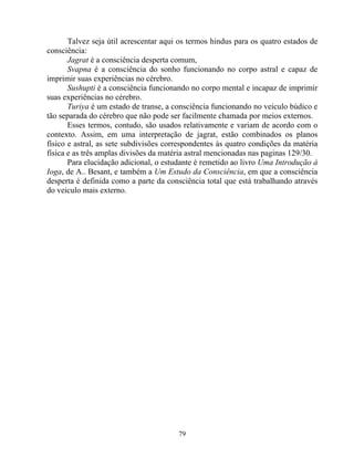 Talvez seja útil acrescentar aqui os termos hindus para os quatro estados de
consciência:
Jagrat é a consciência desperta comum,
Svapna é a consciência do sonho funcionando no corpo astral e capaz de
imprimir suas experiências no cérebro.
Sushupti é a consciência funcionando no corpo mental e incapaz de imprimir
suas experiências no cérebro.
Turiya é um estado de transe, a consciência funcionando no veiculo búdico e
tão separada do cérebro que não pode ser facilmente chamada por meios externos.
Esses termos, contudo, são usados relativamente e variam de acordo com o
contexto. Assim, em uma interpretação de jagrat, estão combinados os planos
físico e astral, as sete subdivisões correspondentes às quatro condições da matéria
física e as três amplas divisões da matéria astral mencionadas nas paginas 129/30.
Para elucidação adicional, o estudante é remetido ao livro Uma Introdução à
Ioga, de A.. Besant, e também a Um Estudo da Consciência, em que a consciência
desperta é definida como a parte da consciência total que está trabalhando através
do veiculo mais externo.
79
 