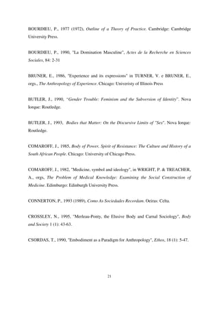 BOURDIEU, P., 1977 (1972), Outline of a Theory of Practice. Cambridge: Cambridge
University Press.
BOURDIEU, P., 1990, "La Domination Masculine", Actes de la Recherche en Sciences
Sociales, 84: 2-31
BRUNER, E., 1986, "Experience and its expressions" in TURNER, V. e BRUNER, E.,
orgs., The Anthropology of Experience. Chicago: Univeristy of Illinois Press
BUTLER, J., 1990, “Gender Trouble: Feminism and the Subversion of Identity”. Nova
Iorque: Routledge.
BUTLER, J., 1993, Bodies that Matter: On the Discursive Limits of "Sex". Nova Iorque:
Routledge.
COMAROFF, J., 1985, Body of Power, Spirit of Resistance: The Culture and History of a
South African People. Chicago: University of Chicago Press.
COMAROFF, J., 1982, "Medicine, symbol and ideology", in WRIGHT, P. & TREACHER,
A., orgs, The Problem of Medical Knowledge: Examining the Social Construction of
Medicine. Edimburgo: Edinburgh University Press.
CONNERTON, P., 1993 (1989), Como As Sociedades Recordam. Oeiras: Celta.
CROSSLEY, N., 1995, "Merleau-Ponty, the Elusive Body and Carnal Sociology", Body
and Society 1 (1): 43-63.
CSORDAS, T., 1990, "Embodiment as a Paradigm for Anthropology", Ethos, 18 (1): 5-47.

21

 