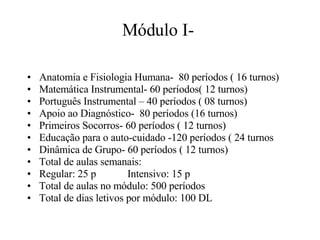 Módulo I-  Anatomia e Fisiologia Humana-  80 períodos ( 16 turnos) Matemática Instrumental- 60 períodos( 12 turnos) Português Instrumental – 40 períodos ( 08 turnos) Apoio ao Diagnóstico-  80 períodos (16 turnos) Primeiros Socorros- 60 períodos ( 12 turnos) Educação para o auto-cuidado -120 períodos ( 24 turnos Dinâmica de Grupo- 60 períodos ( 12 turnos) Total de aulas semanais: Regular: 25 p  Intensivo: 15 p Total de aulas no módulo: 500 períodos Total de dias letivos por módulo: 100 DL 