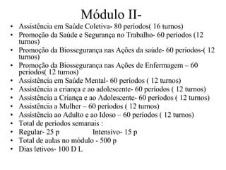 Módulo II-  Assistência em Saúde Coletiva- 80 períodos( 16 turnos) Promoção da Saúde e Segurança no Trabalho- 60 períodos (12 turnos) Promoção da Biossegurança nas Ações da saúde- 60 períodos-( 12 turnos) Promoção da Biossegurança nas Ações de Enfermagem – 60 períodos( 12 turnos) Assistência em Saúde Mental- 60 períodos ( 12 turnos) Assistência a criança e ao adolescente- 60 períodos ( 12 turnos) Assistência a Criança e ao Adolescente- 60 períodos ( 12 turnos) Assistência a Mulher – 60 períodos ( 12 turnos) Assistência ao Adulto e ao Idoso – 60 períodos ( 12 turnos) Total de períodos semanais :  Regular- 25 p  Intensivo- 15 p Total de aulas no módulo - 500 p  Dias letivos- 100 D L 