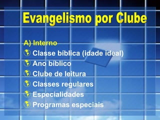 A) Interno Classe bíblica (idade ideal) Ano bíblico Clube de leitura Classes regulares Especialidades Programas especiais Evangelismo por Clube 
