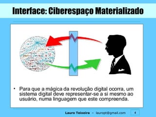 Interface: Ciberespaço Materializado Para que a mágica da revolução digital ocorra, um sistema digital deve representar-se a si mesmo ao usuário, numa linguagem que este compreenda. 
