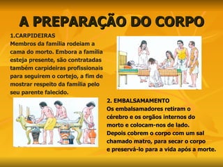 A PREPARAÇÃO DO CORPO 1.CARPIDEIRAS  Membros da família rodeiam a  cama do morto. Embora a família esteja presente, são contratadas  também carpideiras profissionais para seguirem o cortejo, a fim de  mostrar respeito da família pelo seu parente falecido.  2. EMBALSAMAMENTO Os embalsamadores retiram o  cérebro e os orgãos internos do  morto e colocam-nos de lado.  Depois cobrem o corpo com um sal  chamado matro, para secar o corpo  e preservá-lo para a vida após a morte.  