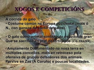 XOGOS E COMPETICIÓNS A corrida do galo Costume común na Europa occidental (máis ó  N., con gansos no canto de galos). O galo como animal-símbolo do espírito de gran  Que se sacrifica en prol da fertilidade  (J. G. FRAZER). Amplamente Documentado na nosa terra en  múltiples concellos, mais en retroceso pola  ofensiva de grupos defensores dos animais.  Pervive en Zas (A Coruña) e poucas localidades. 