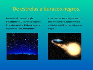 De estrelas a buracos negros. As estrelas são massas de  gás incandescente.  O seu brilho depende do seu  tamanho , a  distância  a que se encontra e a sua  luminosidade . As estrelas estão na origem dum dos fenómenos mais surpreendentes e  misteriosos do Universo: os buracos negros. 