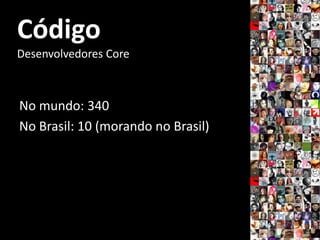 Código
Desenvolvedores Core



No mundo: 340
No Brasil: 10 (morando no Brasil)
 