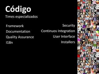 Código
Times especializados

Framework                           Security
Documentation          Continuos Integration
Quality Assurance             User Interface
I18n                               Installers
 