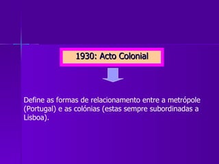 1930: Acto Colonial Define as formas de relacionamento entre a metrópole (Portugal) e as colónias (estas sempre subordinadas a Lisboa). 