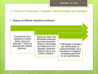 2. Ciência e Construção - Validade e Verificabilidade das Hipótese
 Etapas do Método Hipotético-Dedutivo:
Filosofia – 11.º ano
.
Formula-se uma
hipótese ou teoria
geral, como por
exemplo: “Todos os
planetas têm órbitas
elípticas.”
..
Deduz-se dela uma
afirmação particular,
como por exemplo:
“Dada a informação
que Mercúrio é um
planeta, podemos
deduzir que a sua
órbita é elíptica.”
..
A afirmação é testada
por observação ou
experimentação. Se o
resultado for negativo,
a hipótese geral tem
de ser abandonada.
 