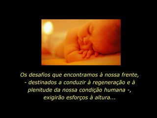 Os desafios que encontramos à nossa frente,
 - destinados a conduzir à regeneração e à
   plenitude da nossa condição humana -,
         exigirão esforços à altura...
 