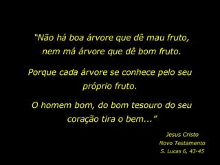 “ Não há boa árvore que dê mau fruto, nem má árvore que dê bom fruto. Jesus Cristo Novo Testamento S. Lucas 6, 43-45 Porque cada árvore se conhece pelo seu próprio fruto. O homem bom, do bom tesouro do seu coração tira o bem...” 