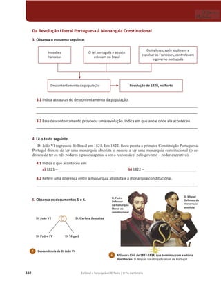 110 Editável e fotocopiável © Texto | O Fio da História
D. Miguel
Defensor da
monarquia
absoluta
D. Pedro
Defensor
da monarquia
liberal ou
constitucional
Da Revolução Liberal Portuguesa à Monarquia Constitucional
3. Observa o esquema seguinte.
3.1 Indica as causas do descontentamento da população.
___________________________________________________________________________________________________
___________________________________________________________________________________________________
3.2 Esse descontentamento provocou uma revolução. Indica em que ano e onde ela aconteceu.
___________________________________________________________________________________________________
4. Lê o texto seguinte.
D. João VI regressou do Brasil em 1821. Em 1822, ficou pronta a primeira Constituição Portuguesa.
Portugal deixou de ter uma monarquia absoluta e passou a ter uma monarquia constitucional (o rei
deixou de ter os três poderes e passou apenas a ser o responsável pelo governo – poder executivo).
4.1 Indica o que aconteceu em:
a) 1821 – ____________________________ b) 1822 – __________________________
4.2 Refere uma diferença entre a monarquia absoluta e a monarquia constitucional.
___________________________________________________________________________________________________
5. Observa os documentos 5 e 6.
Invasões
francesas
O rei português e a corte
estavam no Brasil
Os Ingleses, após ajudarem a
expulsar os Franceses, controlavam
o governo português
Revolução de 1820, no Porto
Descontentamento da população
D. Miguel
Defensor d
monarquia
absoluta
ro
or
o
n
narquia
ou
o
u
ucional
6 A Guerra Civil de 1832-1834, que terminou com a vitória
dos liberais. D. Miguel foi obrigado a sair de Portugal.
D. João VI D. Carlota Joaquina
D. Pedro IV D. Miguel
5 Descendência de D. João VI.
 