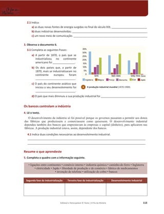 Editável e fotocopiável © Texto | O Fio da História 113
2.1 Indica:
a) as duas novas fontes de energia surgidas no final do século XIX; ________________________
b) duas indústrias desenvolvidas; ___________________________________________________
c) um novo meio de comunicação. __________________________________________________
3. Observa o documento 6.
3.1 Completa as seguintes frases:
a) A partir de 1870, o país que se
industrializou no continente
americano foi _______________.
b) Os dois países que, a partir de
1870, mais se industrializaram no
continente europeu foram
___________________________.
c) O país do continente asiático que
iniciou o seu desenvolvimento foi
___________________________.
d) O país que mais diminuiu a sua produção industrial foi ______________________________.
Os bancos controlam a indústria
4. Lê o texto.
O desenvolvimento da indústria só foi possível porque os governos passaram a permitir aos donos
das fábricas que produzissem e comerciassem como quisessem. O desenvolvimento industrial
dependeu também dos bancos que emprestavam às empresas o capital (dinheiro), para aplicarem nas
fábricas. A produção industrial estava, assim, dependente dos bancos.
4.1 Indica duas condições necessárias ao desenvolvimento industrial.
________________________________________________________________________________
________________________________________________________________________________
Resume o que aprendeste
5. Completa o quadro com a informação seguinte.
‡OLJDo}HVentre continentes ‡comércio interno ‡LQG~VWULDTXtPLFD‡FDPLQKR-de-IHUUR‡Inglaterra
‡HOHWULFLGDGH‡-DSmR‡OLEHUGDGHGHSURGXomRHGHFRPpUFLR‡IDEULFRGHPHGLFDPHQWRV
‡LQYHQomRGRWHOHIRQH ‡XWLOL]DomRGRFREUH‡EDQFRV
Segunda fase da industrialização Terceira fase da industrialização Desenvolvimento industrial
6 A produção industrial mundial (1870-1900).
 
