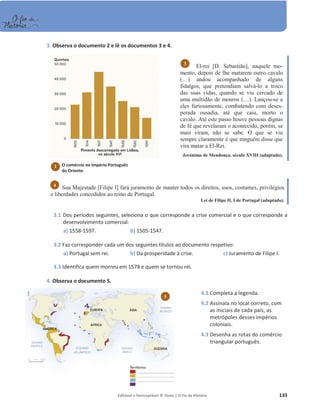 Editável e fotocopiável © Texto | O Fio da História 133
3. Observa o documento 2 e lê os documentos 3 e 4.
Sua Majestade [Filipe I] fará juramento de manter todos os direitos, usos, costumes, privilégios
e liberdades concedidos ao reino de Portugal.
Lei de Filipe II, I de Portugal (adaptado).
3.1 Dos períodos seguintes, seleciona o que corresponde a crise comercial e o que corresponde a
desenvolvimento comercial:
a) 1558-1597. b) 1505-1547.
3.2 Faz corresponder cada um dos seguintes títulos ao documento respetivo:
a) Portugal sem rei. b) Da prosperidade à crise. c) Juramento de Filipe I.
3.3 Identifica quem morreu em 1578 e quem se tornou rei.
4. Observa o documento 5.
El-rei [D. Sebastião], naquele mo-
mento, depois de lhe matarem outro cavalo
(…) andou acompanhado de alguns
fidalgos, que pretendiam salvá-lo a troco
das suas vidas, quando se viu cercado de
uma multidão de mouros (…). Lançou-se a
eles furiosamente, combatendo com deses-
perada ousadia, até que caiu, morto o
cavalo. Até este passo houve pessoas dignas
de fé que revelaram o acontecido, porém, se
mais viram, não se sabe. O que se viu
sempre claramente é que ninguém disse que
vira matar a El-Rei.
Jerónimo de Mendonça, século XVIII (adaptado).
4
3
5
4.1 Completa a legenda.
4.2 Assinala no local correto, com
as iniciais de cada país, as
metrópoles desses impérios
coloniais.
4.3 Desenha as rotas do comércio
triangular português.
O comércio no Império Português
do Oriente.
2
 