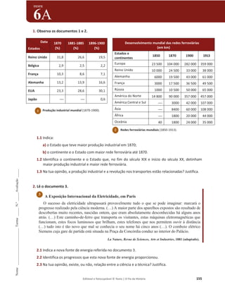 Editável e fotocopiável © Texto | O Fio da História 155
Nome
______________________
Turma
_____
N.º
_____
Avaliação
_____
TESTE
6A
1. Observa os documentos 1 e 2.
1.1 Indica:
a) o Estado que teve maior produção industrial em 1870;
b) o continente e o Estado com maior rede ferroviária até 1870.
1.2 Identifica o continente e o Estado que, no fim do século XIX e início do século XX, detinham
maior produção industrial e maior rede ferroviária.
1.3 Na tua opinião, a produção industrial e a revolução nos transportes estão relacionadas? Justifica.
2. Lê o documento 3.
A Exposição Internacional da Eletricidade, em Paris
O sucesso da eletricidade ultrapassará provavelmente tudo o que se pode imaginar: marcará o
progresso realizado pela ciência moderna. (…) A maior parte dos aparelhos expostos são resultado de
descobertas muito recentes, nascidas ontem, que eram absolutamente desconhecidas há alguns anos
atrás. (…) Este caminho-de-ferro que transporta os visitantes, estas máquinas eletromagnéticas que
funcionam, estes focos luminosos que brilham, estes telefones que nos permitem ouvir à distância
(…) tudo isto é tão novo que mal se conhecia o seu nome há cinco anos (…). O comboio elétrico
Siemens cuja gare de partida está situada na Praça da Concórdia conduz ao interior do Palácio.
La Nature, Revue de Sciences, Arts et Industries, 1881 (adaptado).
2.1 Indica a nova fonte de energia referida no documento 3.
2.2 Identifica os progressos que esta nova fonte de energia proporcionou.
2.3 Na tua opinião, existe, ou não, relação entre a ciência e a técnica? Justifica.
Desenvolvimento mundial das redes ferroviárias
(em km)
Estados e
continentes
1850 1870 1900 1913
Europa 23 500 104 000 282 000 359 000
Reino Unido 10 000 24 500 33 000 38 000
Alemanha 6000 19 500 43 000 61 000
França 3000 17 500 36 500 49 500
Rússia 1000 10 500 50 000 65 000
América do Norte 14 800 90 000 357 000 457 000
América Central e Sul ----- 3000 42 000 107 000
Ásia ----- 8400 60 000 108 000
África ----- 1800 20 000 44 000
Oceânia 40 1800 24 000 35 000
Data
Estados
1870
(%)
1881-1885
(%)
1896-1900
(%)
Reino Unido 31,8 26,6 19,5
Bélgica 2,9 2,5 2,2
França 10,3 8,6 7,1
Alemanha 13,2 13,9 16,6
EUA 23,3 28,6 30,1
Japão ----- ----- 0,6
3
1 Produção industrial mundial (1870-1900).
2 Redes ferroviárias mundiais (1850-1913).
 
