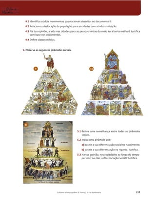 Editável e fotocopiável © Texto | O Fio da História 157
4.1 Identifica os dois movimentos populacionais descritos no documento 6.
4.2 Relaciona a deslocação da população para as cidades com a industrialização.
4.3 Na tua opinião, a vida nas cidades para as pessoas vindas do meio rural seria melhor? Justifica
com base nos documentos.
4.4 Define classes médias.
5. Observa as seguintes pirâmides sociais.
5.1 Refere uma semelhança entre todas as pirâmides
sociais.
5.2 Indica uma pirâmide que:
a) baseie a sua diferenciação social no nascimento;
b) baseie a sua diferenciação na riqueza. Justifica.
5.3 Na tua opinião, nas sociedades ao longo do tempo
persiste, ou não, a diferenciação social? Justifica.
9
11
10
 