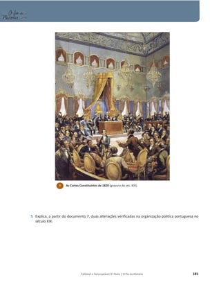 Editável e fotocopiável © Texto | O Fio da História 181
5 Explica, a partir do documento 7, duas alterações verificadas na organização política portuguesa no
século XIX.
7 As Cortes Constituintes de 1820 (gravura do séc. XIX).
 