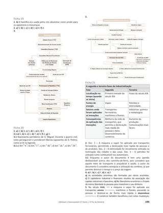 Editável e fotocopiável © Texto | O Fio da História 193
Ficha 19
1. b) A bastilha era usada pelos reis absolutos como prisão para
os opositores à monarquia.
2. a) 5; b) 1; c) 3; d) 2; e) 4; f) 6.
3.
Ficha 20
1. a) 2; b) 4; c) 3; d) 1; e) 6; f) 5.
2.1 a) 5; b) 6; c) 1; d) 7; e) 4; f) 2; g) 3.
3.1 Representa partidários de D. Miguel. Durante a guerra civil,
estes perseguiram e prenderam liberais (apoiantes de D. Pedro),
como se lê na legenda.
4.1 a) Art.
o
9.
o
; b) Art.
o
7.
o
; c) Art.
o
30.
o
; d) Art.
o
26.
o
; e) Art.
o
29.
o
.
5.
Ficha 21
A segunda e terceira fases da industrialização
Fase Segunda Terceira
Localização no
tempo (quando
se inicia)
Primeira metade do
século XIX.
Finais do século XIX.
Fontes de
energia
Vapor. Petróleo e
eletricidade.
Setores onde
foram aplicadas
as inovações
Transportes
ferroviários,
marítimos e fluviais.
Indústrias: química
e metalúrgica.
Consequências
da aplicação das
inovações
Melhoria da rede de
transportes, que
permitiu a deslocação
mais rápida de
pessoas e bens.
Desenvolvimento do
comércio.
Aumento da
produção.
Comunicações mais
fáceis.
2. Doc. 1 – A máquina a vapor foi aplicada aos transportes
ferroviários, permitindo a deslocação mais rápida de pessoas e
de produtos. Doc. 2 – A eletricidade foi inicialmente utilizada na
iluminação das cidades e das casas. Doc. 3 – O petróleo foi
utilizado como combustível nos automóveis.
3.1 Enquanto o autor do documento 4 tem uma opinião
desfavorável acerca dos caminho-de-ferro, pois considera que
aquele meio de transporte é prejudicial à saúde, o autor do
documento 5 considera vantajosa a utilização do comboio, já que
permite diminuir o tempo e o preço da viagem.
4. a) F; b) V; c) F; d) V; e) F.
a) As sociedades anonimas são formadas por vários acionistas.
c) O capitalismo industrial e financeiro resultou da associação dos
capitais industriais e bancários. e) No liberalismo económico o Estado
dá inteira liberdade às pessoas para investirem o seu dinheiro.
5. No século XVIII, XIX a máquina a vapor foi aplicada aos
transportes aéreos terrestres, marítimos e fluviais, passando as
pessoas a deslocar-se de forma mais rápida e dispendiosa
económica. O comércio também beneficiou com estas mudanças,
 
