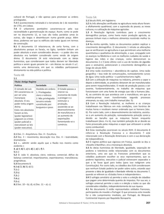 Editável e fotocopiável © Texto | O Fio da História 207
cultural de Portugal, e não apenas para promover as ordens
privilegiadas.
7.3 O acontecimento retratado é o terramoto de 1 de novembro
de 1755, em Lisboa.
7.4 O urbanismo pombalino caracterizou-se pela sua
racionalidade e geometrização do espaço. Assim, como se pode
ver no documento 12, as ruas são todas paralelas umas às
outras, são largas e desembocam numa grande praça. Além
disso, podemos ver que os edifícios são todos iguais em termos
de construção.
8.1 O documento 13 relaciona-se, de certa forma, com o
absolutismo porque os faraós, no Egito, também tinham um
poder absoluto e eram considerados deuses – o poder dos reis
absolutos era também considerado como sendo de origem
divina. O documento 14 está relacionado com as ideias
iluministas, que consideravam que todos deviam ter liberdade
política e serem iguais perante lei – em Atenas no século V a.C.
existiu uma democracia, em que os cidadãos participavam
diretamente na vida pública e política.
Teste 4B
1.1
Título: Antigo Regime
Política Sociedade Economia
O reinado de Luís
XIV caracterizou-se
por ser uma
monarquia
absoluta. O seu
poder tinha origem
divina.
Estes reis absolutos
faziam as leis,
(poder legislativo)
julgavam os crimes
(poder judicial) e
executavam as leis
(poder executivo).
Dividida em ordens:
1. Privilegiadas:
clero e nobreza.
2. Não privilegiada:
terceiro estado
constituído por:
burguesia e povo.
O Estado passou a
intervir na
economia de modo
a proteger e a
estimular a
produção,
assistindo-se ao
desenvolvimento
de manufaturas e
ao aumento de
exportações
fomentando-se o
comércio.
2.1 Doc. 3 – Arquitetura. Doc. 4 – Escultura.
2.2 Doc. 3 – movimento; decoração rica. Doc. 4 – teatralidade;
dramatismo.
3.1 «… admitir senão aquilo que a Razão nos mostra como
evidente.»
4. a) 4; b) 5; c) 6; d) 2; e) 1; f) 3.
5.1 c)
5.2 D. João V; absoluta; clero; nobreza; comercial; défice da
balança comercial; importávamos; exportávamos; manufaturas;
pragmáticas.
5.3 Documento 8.
6.1 a) 2); b) 3); c) 1).
7.1 c)
7.2 b)
7.3 c)
7.4 a)
7.5 a)
8.1 Doc. 10 – b); d), e).Doc. 11 – a); c).
Teste 5A
1.1 Século XVIII, em Inglaterra.
1.2 As três alterações verificadas na agricultura nesta altura foram:
o afolhamento quadrienal, com a supressão do pousio; as novas
culturas; e a utilização de máquinas agrícolas.
1.3 A Revolução Agrícola contribuiu para o crescimento
demográfico porque, como havia maior produção agrícola, as
pessoas tinham mais e melhores alimentos resistindo melhor às
doenças.
1.4 Na minha opinião, todos os documentos podem explicar o
crescimento demográfico. O documento 1 retrata as alterações
que se verificaram na agricultura e que permitiram uma melhoria
quantitativa e qualitativa da alimentação, o que, conjugado com
os avanços na Medicina e com os melhores cuidados de saúde e
higiene das mães e das crianças, como demonstram os
documentos 2 e 3 (este último com o uso de tecidos de algodão
para o vestuário), potenciaram o crescimento demográfico ao
longo do século XVIII.
2.1 Uma razão económica – abundância de capitais. Uma razão
geográfica – boa rede de comunicações, nomeadamente cursos
de água. Uma razão política – o parlamentarismo inglês.
2.2 Com a utilização de máquinas na indústria, primeiro a vapor e
depois a eletricidade, os produtos deixaram de ser manufaturados
para serem maquinofaturados. O modo de produção passou a ser
assente, fundamentalmente, no trabalho de máquinas que
funcionavam com uma fonte de energia que não a humana (doc.
4), ao contrário do que acontecia com a manufatura, em que as
matérias-primas eram transformadas segundo processos
artesanais, ou seja, com trabalho manual (doc. 5).
2.3 Com a Revolução Industrial, as mulheres e as crianças
trabalhavam nas fábricas em más condições, com horários de
muitas horas e recebiam menor ordenado que os homens (doc.
6). Por outro lado, com o desenvolvimento da indústria, assistiu-
se a um aumento da poluição, nomeadamente poluição sonor,a
devido ao barulho que as máquinas faziam enquanto
trabalhavam (docs. 4 e 6), mas também poluição do ar devido ao
fumo provocado pelas máquinas a vapor que utilizavam o carvão
como combustível.
3.1 Estas revoluções ocorreram no século XVIII. O documento 8
refere-se à Revolução Francesa e o documento 7 está
relacionado com a Revolução Americana e com a sua declaração
de independência.
3.2 O regime político que vigorava em França, quando se deu o
«Assalto à Bastilha», era a monarquia absoluta.
3.3 As ideias iluministas de liberdade, igualdade, separação de
poderes e tolerância estão relacionadas com os documentos
anteriores, uma vez que os Franceses pretendiam que os
cidadãos pudessem escolher os seus representantes, que os
poderes legislativo, executivo e judicial estivessem separados e
que a lei fosse igual para todos (para isso redigiram uma
Constituição). Por outro lado, os cidadãos dos EUA consideravam
que nenhum Estado poderia ter poder sobre outro, estando aqui
presente a ideia de igualdade e liberdade referida no documento 7,
quando se referem os «Estados livres e independentes».
3.4 O sufrágio censitário só permite o voto e a eleição de cidadãos
que pagam uma determinada quantia de impostos. Por sua vez, o
sufrágio universal permite o voto e a eleição a todos os que são
considerados cidadãos, independentemente da sua riqueza.
4.1 No documento 9 estão representados soldados franceses,
participantes da invasão a Portugal. O que provocou esta invasão
foi o não cumprimento imediato, por Portugal, do Bloqueio
Continental imposto por Napoleão Bonaparte.
 