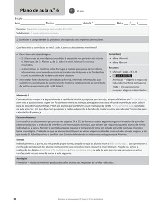 30 Editável e fotocopiável © Texto | O Fio da História
Escola _____________________________________________________________________________________
Ano _________________ Turma __________________ Aula N.o
______________ Data ___ / ___ /______
Domínio: Expansão e mudança nos séculos XV e XVI
Subdomínio: O expansionismo europeu
2. Conhecer e compreender os processos de expansão dos impérios peninsulares
Qual terá sido o contributo do rei D. João II para as descobertas marítimas?
x Descritores de aprendizagem
 2.1 Descrever as prioridades concedidas à expansão nos períodos do infante
D. Henrique, de D. Afonso V, de D. João II e de D. Manuel I e os seus
resultados.
 2.4 Identificar os conflitos entre Portugal e Castela pela posse de territórios
ultramarinos, relacionando-os com os tratados de Alcáçovas e de Tordesilhas
e com a consolidação da teoria do mare clausum.
x Interpretar fontes históricas de natureza diversa, inferindo informações que
sustentem a construção do conhecimento histórico relativamente ao contributo
da política expansionista do rei D. João II.
Conceito(s)
x Mare clausum
x Mare liberum
Recursos
x Manual – págs. 24 e 25
x
Animação – Viagens e etapas da
expansão marítima portuguesa
Teste – O expansionismo
europeu: viagens e descobertas
Momento 1
Contextualizar temporal e espacialmente a realidade histórica proposta para estudo, através da leitura do Fio da História,
com vista a que os alunos teçam um fio condutor entre os avanços portugueses na costa africana e contributo de D. João II
para as descobertas marítimas. Pedir aos alunos que partilhem a sua resolução da tarefa Para a próxima aula, solicitada
na aula anterior, em que deveriam pesquisar a razão subjacente à decisão de mudar o nome do cabo das Tormentas para
cabo da Boa Esperança.
Desenvolvimento
Ler e analisar os documentos propostos nas páginas 24 e 25, de forma cruzada, seguindo o guia orientador de questões
(direcionadas para o trabalho de inferência de informações diversas), que devem ser respondidas pelos alunos de forma
individual ou a pares. Atender à contextualização espacial e temporal do tema em estudo presente no mapa-mundo e
barra cronológica. Pretende-se que os alunos identifiquem as várias viagens realizadas, os resultados dessas viagens, e de
que modo D. João II resolveu o conflito com Castela defendendo os interesses portugueses na América.
Síntese
Individualmente, a pares, ou em grande grupo-turma, propõe-se que os alunos leiam o Não confundas... para promover a
clarificação conceptual dos alunos relativamente aos conceitos mare clausum e mare liberum. Propõe-se, ainda, a
realização das tarefas Continuo o fio da História e Para a próxima aula, na sala de aula ou em casa. A resposta a estas
tarefas pode ser um meio de iniciar a aula seguinte.
Avaliação
Formativa – todos os materiais produzidos pelos alunos nas respostas às tarefas realizadas.
Plano de aula n.o
6 45 min
 