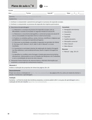 32 Editável e fotocopiável © Texto | O Fio da História
Escola _____________________________________________________________________________________
Ano _________________ Turma __________________ Aula N.o
______________ Data ___ / ___ /______
Domínio: Expansão e mudança nos séculos XV e XVI
Subdomínio: O expansionismo europeu
1. Conhecer e compreender o pioneirismo português no processo de expansão europeu
2. Conhecer e compreender os processos de expansão dos impérios peninsulares
x Descritores de aprendizagem
 1.1 Relacionar o arranque do processo de expansão europeu com as
dificuldades e tensões acumuladas na segunda metade do século XIV.
 1.2 Relacionar o crescimento demográfico e comercial europeu do século XV
com as necessidades de expansão interna e externa da Europa.
 1.3 Explicar as condições políticas, sociais, técnicas, científicas e religiosas que
possibilitaram o arranque da expansão portuguesa.
 2.1 Descrever as prioridades concedidas à expansão nos períodos do infante
D. Henrique, de D. Afonso V, de D. João II e de D. Manuel I e os seus
resultados.
 2.2 Caracterizar os principais sistemas de exploração do Império Português
nas ilhas atlânticas, costa ocidental africana, Brasil e Império Português do
Oriente.
 2.4 Identificar os conflitos entre Portugal e Castela pela posse de territórios
ultramarinos, relacionando-os com os tratados das Alcáçovas e de Tordesilhas
e com a consolidação da teoria do mare clausum.
x Interpretar fontes históricas de natureza diversa, inferindo informações que
sustentem a construção do conhecimento histórico.
Conceito(s)
x Navegação astronómica
x Descoberta
x Conquista
x Expansão
x Capitão-donatário
x Monopólio comercial
x Mare clausum
x Mare liberum
Recursos
x Manual – págs. 28 a 31
Momento 1
Análise e realização das propostas de síntese das páginas 28 e 29.
Desenvolvimento
Propor aos alunos a realização do Agora... faz a tua autoavaliação das páginas 30 e 31, como um modo de orientar o
estudo e monitorizar a aprendizagem.
Avaliação
Sumativa – no final do estudo das temáticas propostas, os alunos podem aferir o seu grau de aprendizagem com a
realização da ficha de trabalho Agora faz a tua autoavaliação.
Plano de aula n.o
8 45 min
 