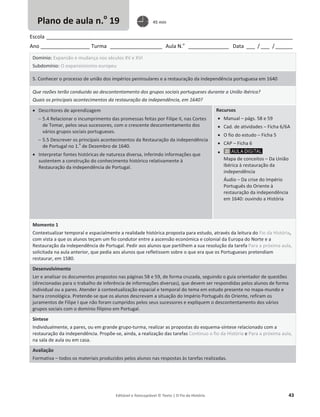 Editável e fotocopiável © Texto | O Fio da História 43
Escola _____________________________________________________________________________________
Ano _________________ Turma __________________ Aula N.o
______________ Data ___ / ___ /______
Domínio: Expansão e mudança nos séculos XV e XVI
Subdomínio: O expansionismo europeu
5. Conhecer o processo de união dos impérios peninsulares e a restauração da independência portuguesa em 1640
Que razões terão conduzido ao descontentamento dos grupos sociais portugueses durante a União Ibérica?
Quais os principais acontecimentos da restauração da independência, em 1640?
x Descritores de aprendizagem
 5.4 Relacionar o incumprimento das promessas feitas por Filipe II, nas Cortes
de Tomar, pelos seus sucessores, com o crescente descontentamento dos
vários grupos sociais portugueses.
 5.5 Descrever os principais acontecimentos da Restauração da independência
de Portugal no 1.
o
de Dezembro de 1640.
x Interpretar fontes históricas de natureza diversa, inferindo informações que
sustentem a construção do conhecimento histórico relativamente à
Restauração da independência de Portugal.
Recursos
x Manual – págs. 58 e 59
x Cad. de atividades – Ficha 6/6A
x O fio do estudo – Ficha 5
x CAP – Ficha 6
x
Mapa de conceitos – Da União
Ibérica à restauração da
independência
Áudio – Da crise do Império
Português do Oriente à
restauração da independência
em 1640: ouvindo a História
Momento 1
Contextualizar temporal e espacialmente a realidade histórica proposta para estudo, através da leitura do Fio da História,
com vista a que os alunos teçam um fio condutor entre a ascensão económica e colonial da Europa do Norte e a
Restauração da independência de Portugal. Pedir aos alunos que partilhem a sua resolução da tarefa Para a próxima aula,
solicitada na aula anterior, que pedia aos alunos que refletissem sobre o que era que os Portugueses pretendiam
restaurar, em 1580.
Desenvolvimento
Ler e analisar os documentos propostos nas páginas 58 e 59, de forma cruzada, seguindo o guia orientador de questões
(direcionadas para o trabalho de inferência de informações diversas), que devem ser respondidas pelos alunos de forma
individual ou a pares. Atender à contextualização espacial e temporal do tema em estudo presente no mapa-mundo e
barra cronológica. Pretende-se que os alunos descrevam a situação do Império Português do Oriente, refiram os
juramentos de Filipe I que não foram cumpridos pelos seus sucessores e expliquem o descontentamento dos vários
grupos sociais com o domínio filipino em Portugal.
Síntese
Individualmente, a pares, ou em grande grupo-turma, realizar as propostas do esquema-síntese relacionado com a
restauração da independência. Propõe-se, ainda, a realização das tarefas Continuo o fio da História e Para a próxima aula,
na sala de aula ou em casa.
Avaliação
Formativa – todos os materiais produzidos pelos alunos nas respostas às tarefas realizadas.
Plano de aula n.o
19 45 min
 