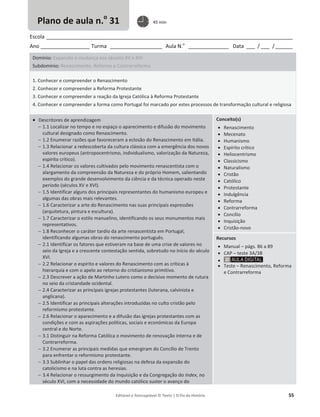Editável e fotocopiável © Texto | O Fio da História 55
Escola _____________________________________________________________________________________
Ano _________________ Turma __________________ Aula N.o
______________ Data ___ / ___ /______
Domínio: Expansão e mudança nos séculos XV e XVI
Subdomínio: Renascimento, Reforma e Contrarreforma
1. Conhecer e compreender o Renascimento
2. Conhecer e compreender a Reforma Protestante
3. Conhecer e compreender a reação da Igreja Católica à Reforma Protestante
4. Conhecer e compreender a forma como Portugal foi marcado por estes processos de transformação cultural e religiosa
x Descritores de aprendizagem
 1.1 Localizar no tempo e no espaço o aparecimento e difusão do movimento
cultural designado como Renascimento.
 1.2 Enumerar razões que favoreceram a eclosão do Renascimento em Itália.
 1.3 Relacionar a redescoberta da cultura clássica com a emergência dos novos
valores europeus (antropocentrismo, individualismo, valorização da Natureza,
espírito crítico).
 1.4 Relacionar os valores cultivados pelo movimento renascentista com o
alargamento da compreensão da Natureza e do próprio Homem, salientando
exemplos do grande desenvolvimento da ciência e da técnica operado neste
período (séculos XV e XVI).
 1.5 Identificar alguns dos principais representantes do humanismo europeu e
algumas das obras mais relevantes.
 1.6 Caracterizar a arte do Renascimento nas suas principais expressões
(arquitetura, pintura e escultura).
 1.7 Caracterizar o estilo manuelino, identificando os seus monumentos mais
representativos.
 1.8 Reconhecer o caráter tardio da arte renascentista em Portugal,
identificando algumas obras do renascimento português.
 2.1 Identificar os fatores que estiveram na base de uma crise de valores no
seio da Igreja e a crescente contestação sentida, sobretudo no início do século
XVI.
 2.2 Relacionar o espírito e valores do Renascimento com as críticas à
hierarquia e com o apelo ao retorno do cristianismo primitivo.
 2.3 Descrever a ação de Martinho Lutero como o decisivo momento de rutura
no seio da cristandade ocidental.
 2.4 Caracterizar as principais igrejas protestantes (luterana, calvinista e
anglicana).
 2.5 Identificar as principais alterações introduzidas no culto cristão pelo
reformismo protestante.
 2.6 Relacionar o aparecimento e a difusão das igrejas protestantes com as
condições e com as aspirações políticas, sociais e económicas da Europa
central e do Norte.
 3.1 Distinguir na Reforma Católica o movimento de renovação interna e de
Contrarreforma.
 3.2 Enumerar as principais medidas que emergiram do Concílio de Trento
para enfrentar o reformismo protestante.
 3.3 Sublinhar o papel das ordens religiosas na defesa da expansão do
catolicismo e na luta contra as heresias.
 3.4 Relacionar o ressurgimento da Inquisição e da Congregação do Index, no
século XVI, com a necessidade do mundo católico suster o avanço do
Conceito(s)
x Renascimento
x Mecenato
x Humanismo
x Espírito crítico
x Heliocentrismo
x Classicismo
x Naturalismo
x Cristão
x Católico
x Protestante
x Indulgência
x Reforma
x Contrarreforma
x Concílio
x Inquisição
x Cristão-novo
Recursos
x Manual – págs. 86 a 89
x CAP – teste 3A/3B
x
x Teste – Renascimento, Reforma
e Contrarreforma
Plano de aula n.o
31 45 min
 
