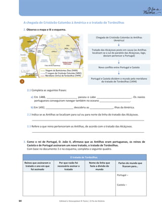64 Editável e fotocopiável © Texto | O Fio da História
A chegada de Cristóvão Colombo à América e o tratado de Tordesilhas
2. Observa o mapa e lê o esquema.
2.1 Completa as seguintes frases:
a) Em 1488, _____________________ passou o cabo ________________________. Os navios
portugueses conseguiram navegar também no oceano _____________________.
b) Em 1492, ___________________ descobriu as ________________, ilhas da América.
2.2 Indica se as Antilhas se localizam para sul ou para norte da linha do tratado das Alcáçovas.
______________________________________________________________________________________________
2.3 Refere a que reino pertenceriam as Antilhas, de acordo com o tratado das Alcáçovas.
______________________________________________________________________________________________
3. Como o rei de Portugal, D. João II, afirmava que as Antilhas eram portuguesas, os reinos de
Castela e de Portugal assinaram um novo tratado, o tratado de Tordesilhas.
Com base no documento 3 e no esquema, completa o seguinte quadro.
O tratado de Tordesilhas
Reinos que assinaram o
tratado e ano em que
foi assinado
Por que razão foi
necessário assinar o
tratado
Nome da linha que
fazia a divisão do
mundo
Partes do mundo que
ficaram para…
Portugal –
Castela –
3
Chegada de Cristóvão Colombo às Antilhas
(América)
Tratado das Alcáçovas posto em causa (as Antilhas
localizam-se a sul do paralelo das Alcáçovas, logo,
deviam pertencer a Portugal)
Novo conflito entre Portugal e Castela
Portugal e Castela dividem o mundo pelo meridiano
do tratado de Tordesilhas (1494)
 