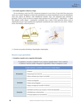 88 Editável e fotocopiável © Texto | O Fio da História
5. Lê o texto seguinte e observa o mapa.
Os reis absolutos, como Luís XIV, desejavam enriquecer os seus reinos. O que terão feito para terem
muito ouro e prata? Ajudaram os donos das manufaturas ou criaram manufaturas novas (as manufaturas
eram uma espécie de fábricas, onde trabalhavam artesãos, logo, sem máquinas) para aumentar a
produção. Assim, já não era preciso comprar tantos produtos aos outros países – importações – e ainda
lhes podiam vender alguns – exportações, recebendo ouro e prata. Como gastavam menos com as
importações do que o que recebiam das exportações acumulavam ouro e prata nos seus reinos. Tinham,
assim, uma balança comercial positiva.
5.1 Escreve nos pratos da balança: Exportações; Importações.
Resume o que aprendeste
6. Completa o quadro com a seguinte informação.
ͻLegislativo, executivo e judicial ͻ Luxo, riqueza e grandes festas ͻ clero e nobreza
ͻ comércio ͻterceiro estado ͻ burgueses ͻ agricultura ͻ Deus ͻ enriquecer o reino
O poder absoluto, a sociedade e a economia no Antigo Regime
Rei absoluto
ͻWŽĚĞƌĞƐ͗ __________________________________________________________
ͻ'ŽǀĞƌŶĂǀĂŵĞŵŶŽŵĞĚĞ͗ ____________________________________________
ͻDĞŝŽƐƵƚŝůŝǌĂĚŽƐƉĂƌĂŝŵƉŽƌŽƐĞƵƉŽĚĞƌ͗ ________________________________
Sociedade
ͻKƌĚĞŶƐƉƌŝǀŝůĞŐŝĂĚĂƐ͗ ________________________________________________
ͻKƌĚĞŵŶĆŽƉƌŝǀŝůĞŐŝĂĚĂ͗ ______________________________________________
ͻůŐƵŶƐĐŽŶƐĞŐƵŝƌĂŵĂƐĐĞŶĚĞƌăŶŽďƌĞǌĂ͗ ________________________________
Economia
ͻƚŝǀŝĚĂĚĞeconómica que ocupava a maioria da popƵůĂĕĆŽ: _________________
ͻƚŝǀŝĚĂĚĞƋƵĞƐĞĚĞƐĞŶǀŽůǀĞƵ͗ ________________________________________
ͻWƌŝŶĐŝƉĂůŽďũĞƚŝǀŽĚŽŵĞƌĐĂŶƚŝůŝƐŵŽ͗ ____________________________________
6
 