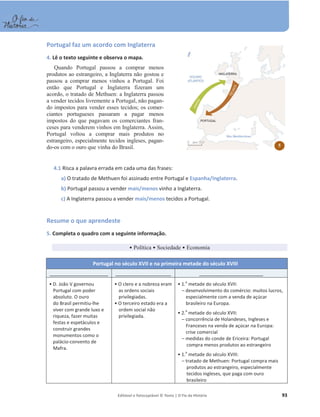 Editável e fotocopiável © Texto | O Fio da História 93
Portugal faz um acordo com Inglaterra
4. Lê o texto seguinte e observa o mapa.
Quando Portugal passou a comprar menos
produtos ao estrangeiro, a Inglaterra não gostou e
passou a comprar menos vinhos a Portugal. Foi
então que Portugal e Inglaterra fizeram um
acordo, o tratado de Methuen: a Inglaterra passou
a vender tecidos livremente a Portugal, não pagan-
do impostos para vender esses tecidos; os comer-
ciantes portugueses passaram a pagar menos
impostos do que pagavam os comerciantes fran-
ceses para venderem vinhos em Inglaterra. Assim,
Portugal voltou a comprar mais produtos no
estrangeiro, especialmente tecidos ingleses, pagan-
do-os com o ouro que vinha do Brasil.
4.1 Risca a palavra errada em cada uma das frases:
a) O tratado de Methuen foi assinado entre Portugal e Espanha/Inglaterra.
b) Portugal passou a vender mais/menos vinho a Inglaterra.
c) A Inglaterra passou a vender mais/menos tecidos a Portugal.
Resume o que aprendeste
5. Completa o quadro com a seguinte informação.
ͻ Política ͻ Sociedade ͻ Economia
Portugal no século XVII e na primeira metade do século XVIII
_____________________ ____________________ _______________________
ͻ D. João V governou
Portugal com poder
absoluto. O ouro
do Brasil permitiu-lhe
viver com grande luxo e
riqueza, fazer muitas
festas e espetáculos e
construir grandes
monumentos como o
palácio-convento de
Mafra.
ͻ O clero e a nobreza eram
as ordens sociais
privilegiadas.
ͻKƚĞƌĐĞŝƌŽĞƐƚĂĚŽĞƌĂĂ
ordem social não
privilegiada.
ͻϭ͘
a
metade do século XVII:
– desenvolvimento do comércio: muitos lucros,
especialmente com a venda de açúcar
brasileiro na Europa.
ͻϮ͘
a
metade do século XVII:
– concorrência de Holandeses, Ingleses e
Franceses na venda de açúcar na Europa:
crise comercial
– medidas do conde de Ericeira: Portugal
compra menos produtos ao estrangeiro
ͻ1.
a
metade do século XVIII:
– tratado de Methuen: Portugal compra mais
produtos ao estrangeiro, especialmente
tecidos ingleses, que paga com ouro
brasileiro
5
 