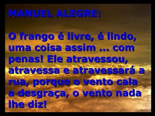 MANUEL ALEGRE: O frango é livre, é lindo, uma coisa assim ... com penas! Ele atravessou, atravessa e atravessará a rua, porque o vento cala a desgraça, o vento nada lhe diz! 