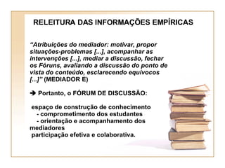 RELEITURA DAS INFORMAÇÕES EMPÍRICAS “ Atribuições do mediador: motivar, propor situações-problemas [...], acompanhar as intervenções [...], mediar a discussão, fechar os Fóruns, avaliando a discussão do ponto de vista do conteúdo, esclarecendo equívocos  [...]”  (MEDIADOR E)    Portanto, o FÓRUM DE DISCUSSÃO: espaço de construção de conhecimento - comprometimento dos estudantes - orientação e acompanhamento dos mediadores  participação efetiva e colaborativa. 