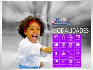 VÔLEI FUTSAL PÓLO
AQUÁTICO
NATAÇÃO
TÊNIS DE
MESA
BASQUETE JUDÔ VÔLEI DE
PRAIA
HANDEBOLXADREZ ATLETISMO HÓQUEI
NA GRAMA
BADMINTON BASQUETE
3X3
LUTA
OLÍMPICA
KARATÊ
 