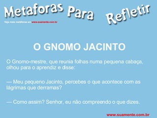 O GNOMO JACINTO O Gnomo-mestre, que reunia folhas numa pequena cabaça, olhou para o aprendiz e disse: —  Meu pequeno Jacinto, percebes o que acontece com as lágrimas que derramas? —  Como assim? Senhor, eu não compreendo o que dizes. www.suamente.com.br 