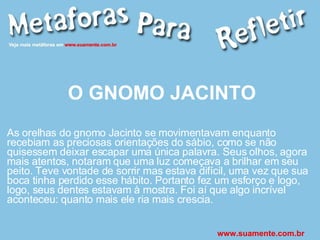 O GNOMO JACINTO As orelhas do gnomo Jacinto se movimentavam enquanto recebiam as preciosas orientações do sábio, como se não quisessem deixar escapar uma única palavra. Seus olhos, agora mais atentos, notaram que uma luz começava a brilhar em seu peito. Teve vontade de sorrir mas estava difícil, uma vez que sua boca tinha perdido esse hábito. Portanto fez um esforço e logo, logo, seus dentes estavam à mostra. Foi aí que algo incrível aconteceu: quanto mais ele ria mais crescia. www.suamente.com.br 
