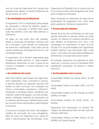 com um curso de Engenharia Civil, carreira con-
solidada anos depois na Escola Politécnica do
Rio de Janeiro, em 1874.
+ As atividades do proﬁssional
O engenheiro civil é o responsável pelas etapas
da construção e reforma de edifícios, desde o
projeto até a execução, e também pela super-
visão dos detalhes, como das redes elétricas, e
hidráulicas.
As áreas em que pode atuar são variadas,
desde a construção de estradas, rodovias, pon-
tes e barragens, como também na construção
de estruturas e ediﬁcações. Outro setor que de-
manda proﬁssionais da Engenharia Civil é a ad-
ministração predial.
O engenheiro civil é também responsável pela
emissão de laudos técnicos, e pode trabalhar
diretamente relacionado ao solo, a obras de es-
truturas e fundações, e na área hidráulica e de
saneamento.
+ As matérias do curso
Além das matérias elementares da Engenharia,
como matemática, física, informática e química,
é possível destacar os seguintes assuntos pre-
sentes na matriz curricular, com variações con-
forme a universidade: arquitetura e urbanismo,
introdução à sociologia urbana, resistência dos
materiais, sistema de esgotos, concreto armado,
pontes, hidrologia, materiais de construção civil
e mecânica das estruturas. Também fazem parte
do currículo temas relacionados à administração
e economia.
O curso tem a duração de 5 anos, com estágio e
trabalho de conclusão de curso obrigatórios.
Além do curso em Engenharia Civil, outras ên-
fases e denominações são encontradas, como
Engenharia de Produção Civil, e cursos com ma-
triz curricular similar, como Engenharia de Trans-
porte e Engenharia Portuária.
Estas formações se relacionam às áreas de es-
pecialização da Engenharia Civil, como trans-
porte, geotecnia, hidráulica e saneamento.
+ O mercado de trabalho
Apesar de já ter sido considerado um setor que
sempre demanda um grande número de proﬁs-
sionais, há reﬂexos do contexto econômico do
país também na Engenharia Civil. Com a de-
saceleração do crescimento no setor da Con-
strução Civil, as oportunidades aos engenheiros
também sofreram uma diminuição. Mas, ainda
assim, é uma área com boas oportunidades aos
proﬁssionais, e na qual vale a pena investir.
No mercado, espera-se uma retomada do setor
neste ano, e eventos como as Olimpíadas 2016
representam promessas de estímulo à Engen-
haria Civil.
+ As faculdades com o curso
Universidade Federal de Viçosa (UFV), em Mi-
nas Gerais
Universidade Federal do Ceará (UFC), em For-
taleza
Universidade Federal do Rio Grande do Norte
(UFRN), em Natal
Universidade Federal de Goiás (UFG), em
Goiânia
Engenharia Civil Aeronáutica no Instituto Tec-
nológico de Aeronáutica (ITA), em São José dos
Campos, São Paulo
Universidade Federal do Mato Grosso do Sul
(UFMS), em Campo Grande
24
 