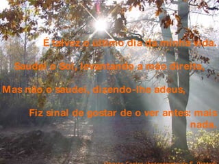 É talvez o último dia da minha vida. Saudei o Sol, levantando a mão direita, Mas não o saudei, dizendo-lhe adeus, Fiz sinal de gostar de o ver antes: mais nada. Alberto Caeiro (heterónimo de F. Pessoa) 