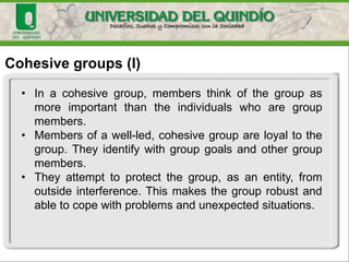 Cohesive groups (I)
• In a cohesive group, members think of the group as
more important than the individuals who are group
members.
• Members of a well-led, cohesive group are loyal to the
group. They identify with group goals and other group
members.
• They attempt to protect the group, as an entity, from
outside interference. This makes the group robust and
able to cope with problems and unexpected situations.
 