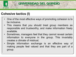 Cohesive tactics (I)
• One of the most effective ways of promoting cohesion is to
be inclusive.
• This means that you should treat group members as
responsible and trustworthy, and make information freely
available.
• Sometimes, managers feel that they cannot reveal certain
information to everyone in the group. This invariably
creates a climate of mistrust.
• Simple information exchange is an effective way of
making people feel valued and that they are part of a
group.
 